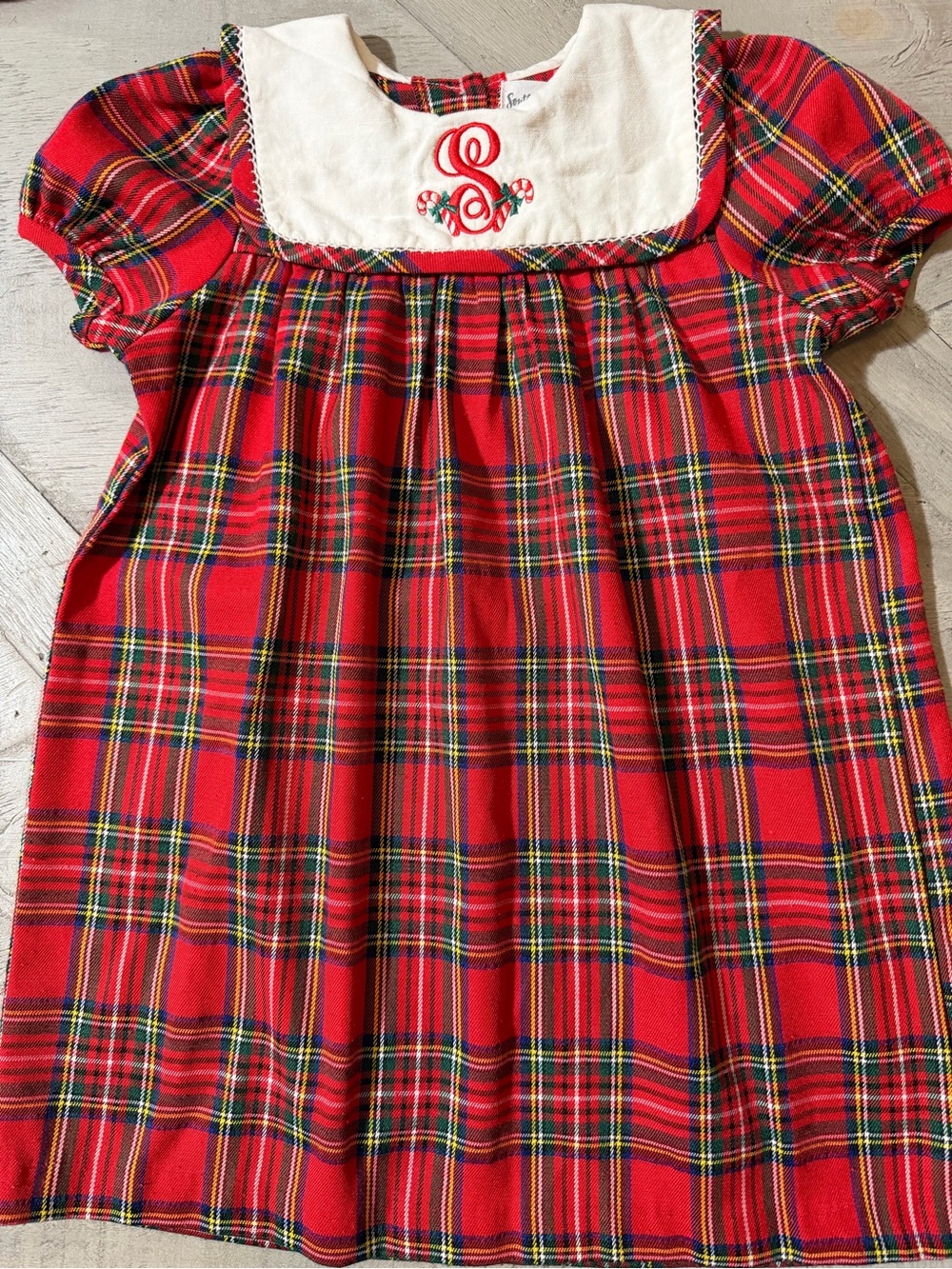 Southern Siblings Tartan Plaid Holiday 3T  White Bib linen Collar embroidered S